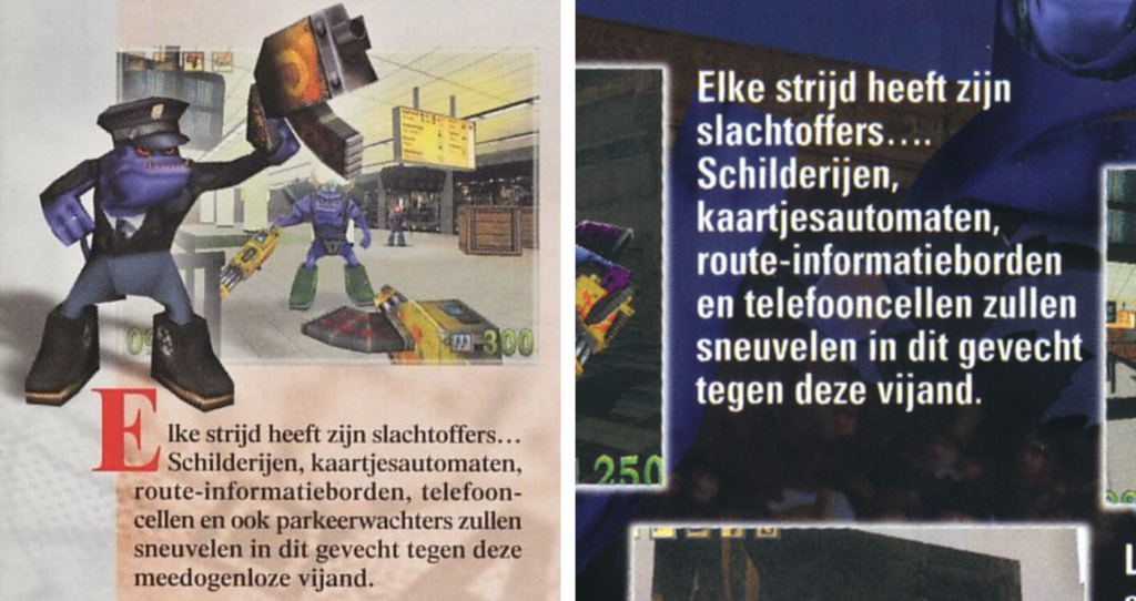 On the left, a portion of the back of the big box AmsterDoom release. On the right, a portion of the back cover of Amsterdam Monster Madness where the text no longer contains a reference to parking attendants.