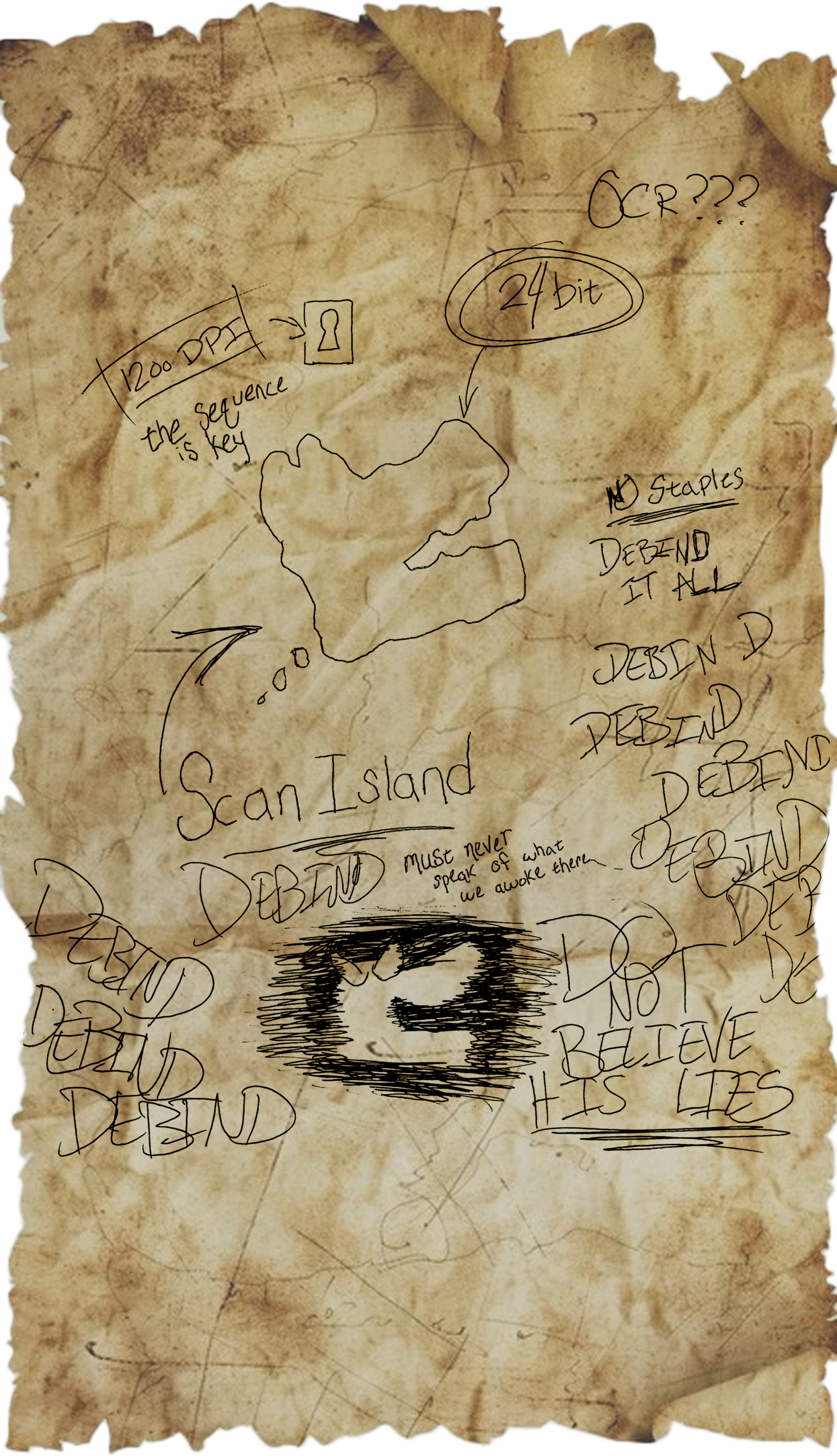 A worn piece of parchment depicting crazed research sketches of a location called "Scan Island".