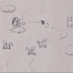 Mario Riding a Cloud #2, undated (Unknown author). A depiction of Mario shooting at flying Noko-Nokos with a fireball. Mario was the have originally been able to navigate stages similar to a shoot-em-up. (Source: Super Mario Bros. 30th Anniversary Special Interview)
